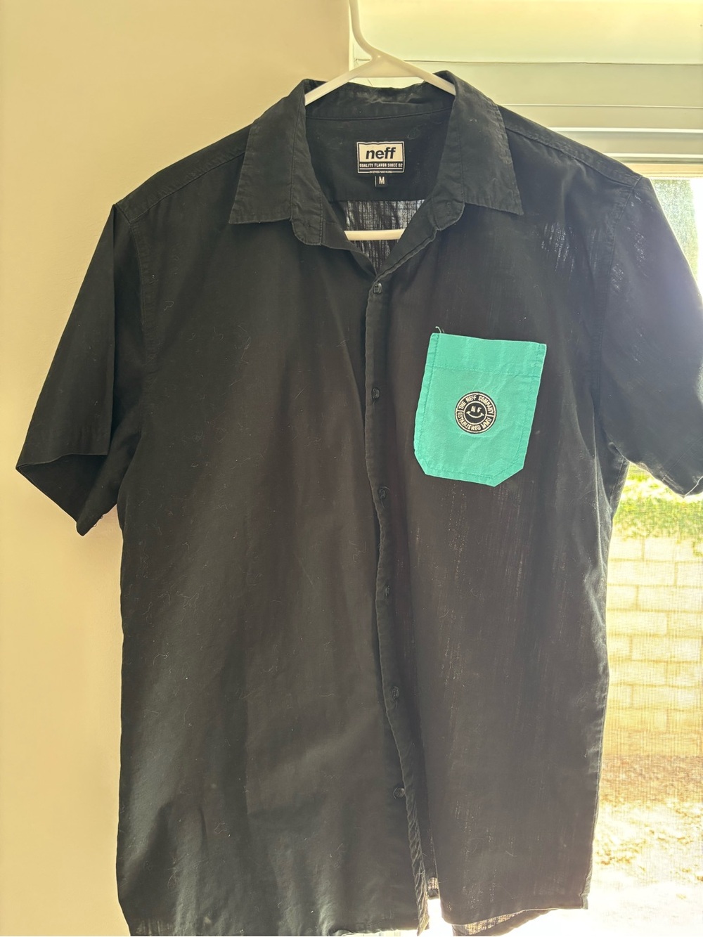 Neff Black Short-Sleeve Button-Down Shirt with Teal Pocket